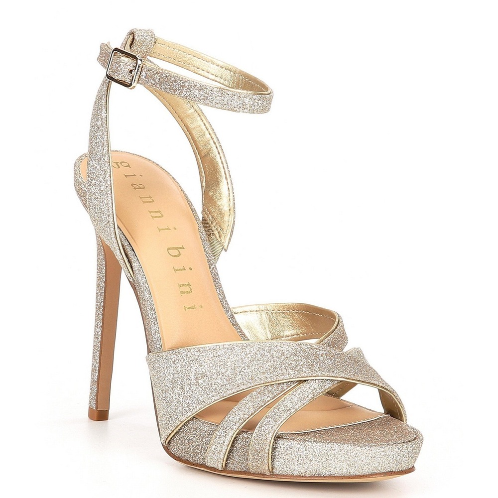Gianni Bini Caddie Platform Strappy Sand Gold Glitter Heels Size 6.5